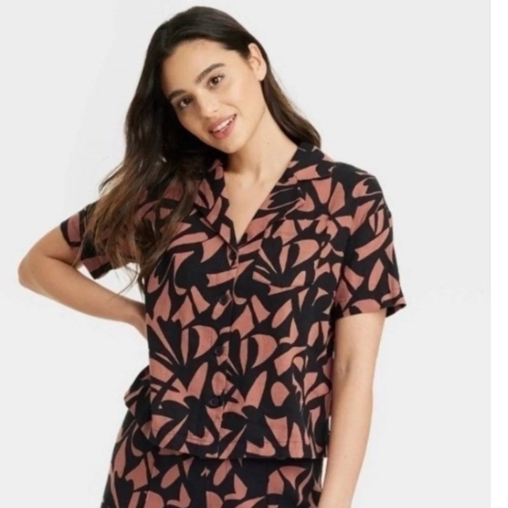 A New Day Women's Size Medium Short Sleeve Button Down Top Brown Black Linen